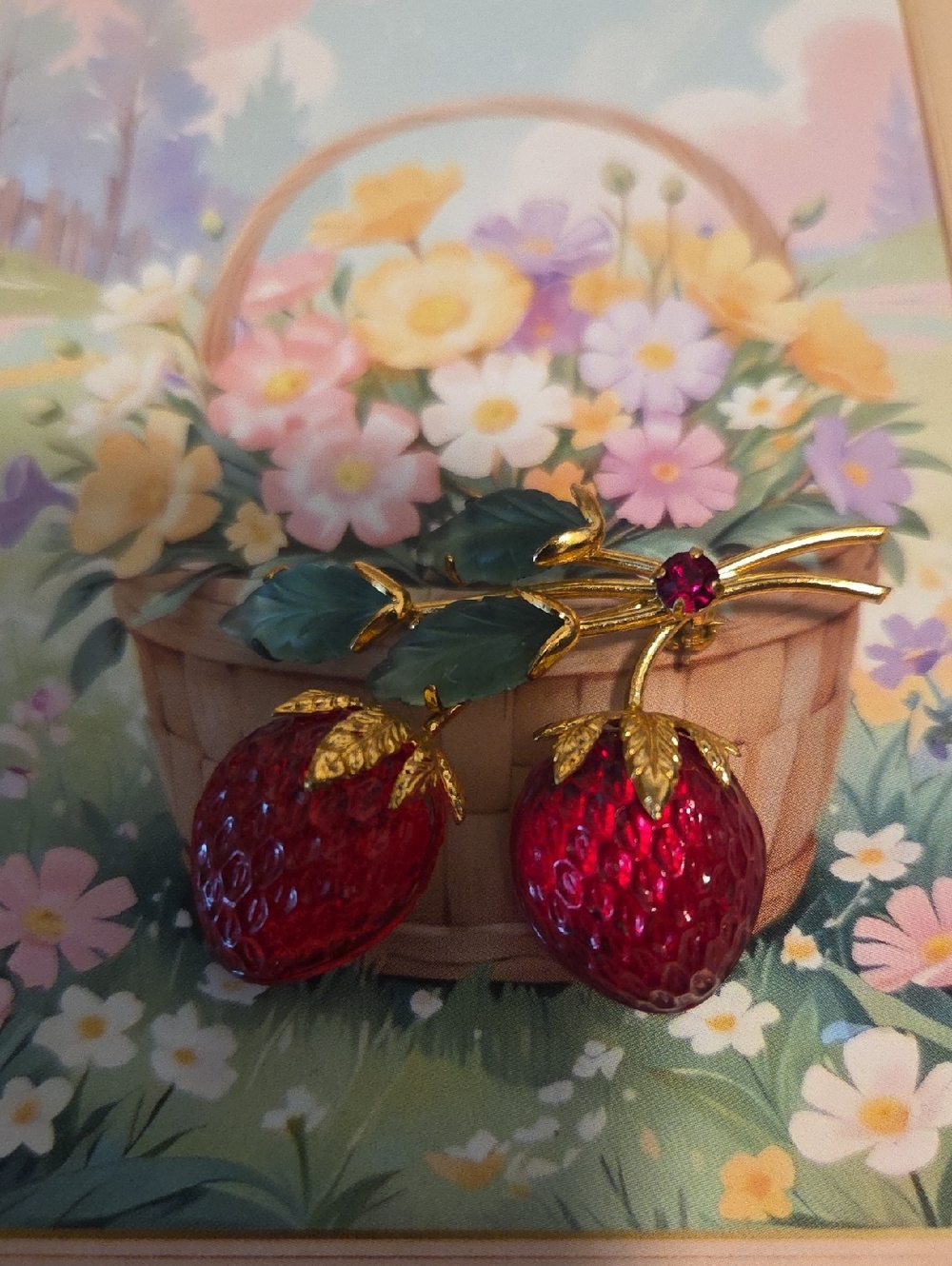 Vintage 1940's Signed AUSTRIA Strawberry Brooch (Ruby Red Glass)